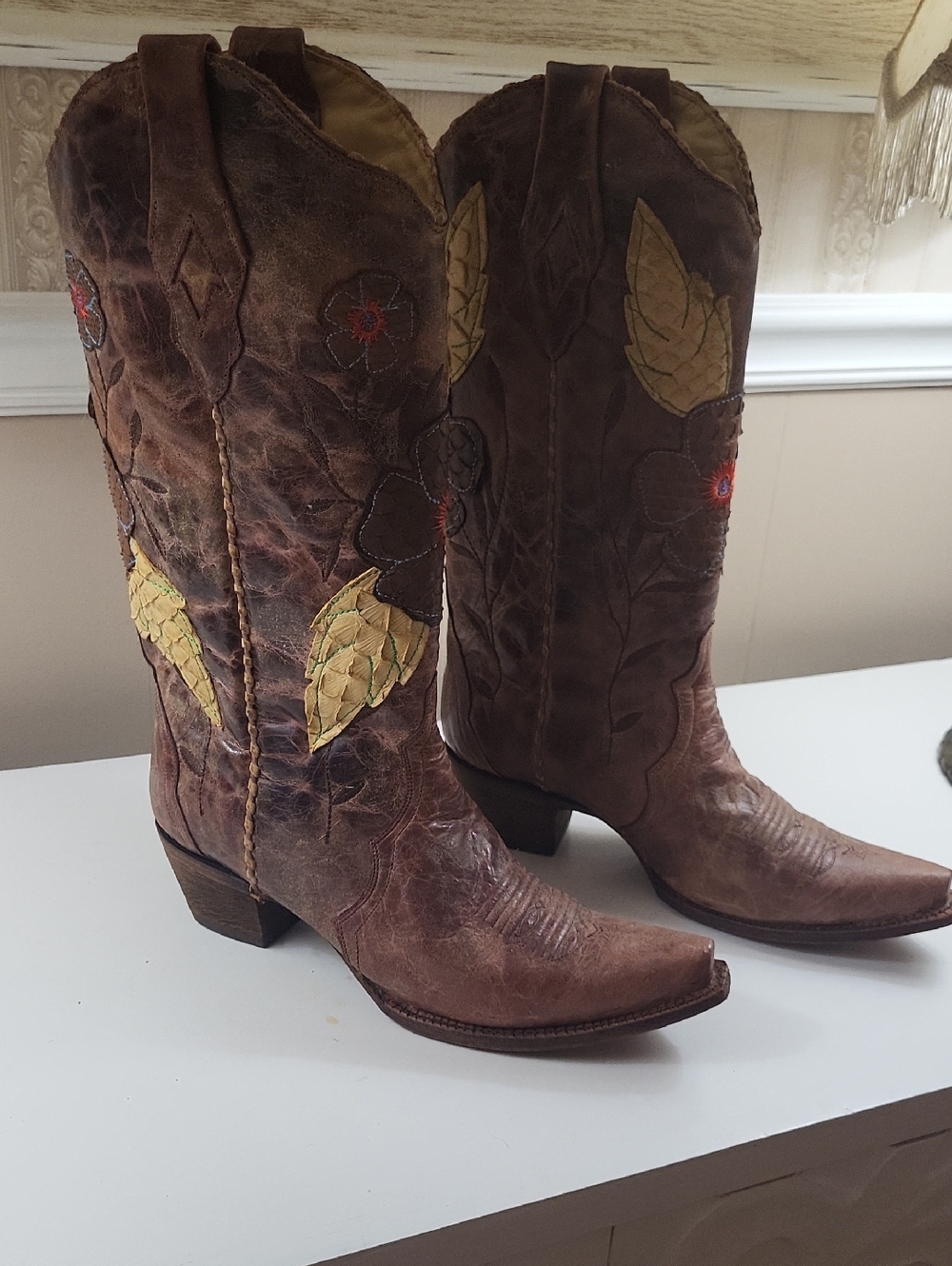CORRAL VINTAGE DAISY OVERLAY Women's Brown Embroidered Leather Western Boots, SI